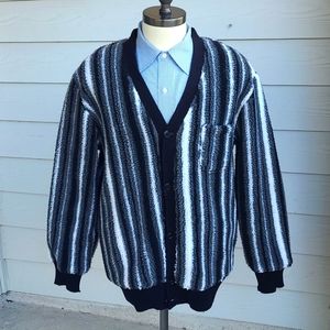 BEAMS PLUS Japan Black‎ Grey White Fleece Mens XL Button Up Cardigan Sweater